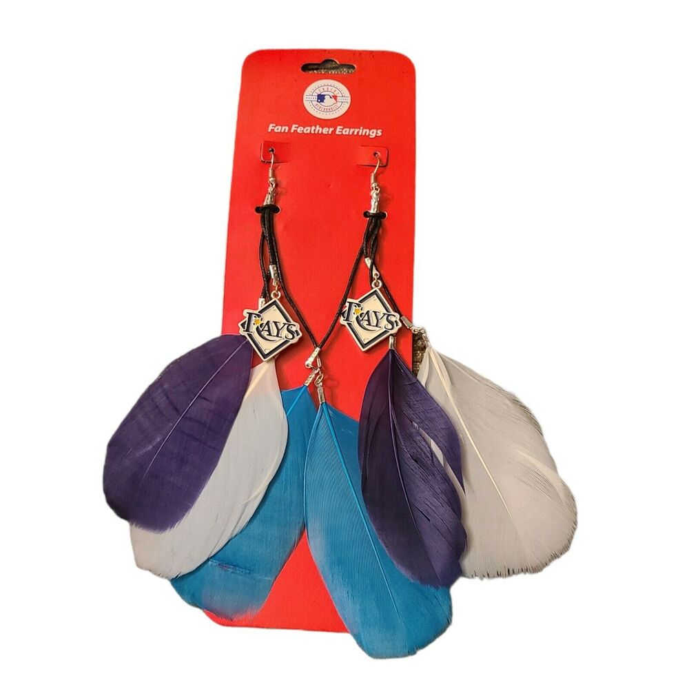MLB Tampa Bay Rays Feather Earrings FLA J Hook Jewelry Blue Baseball Logo
